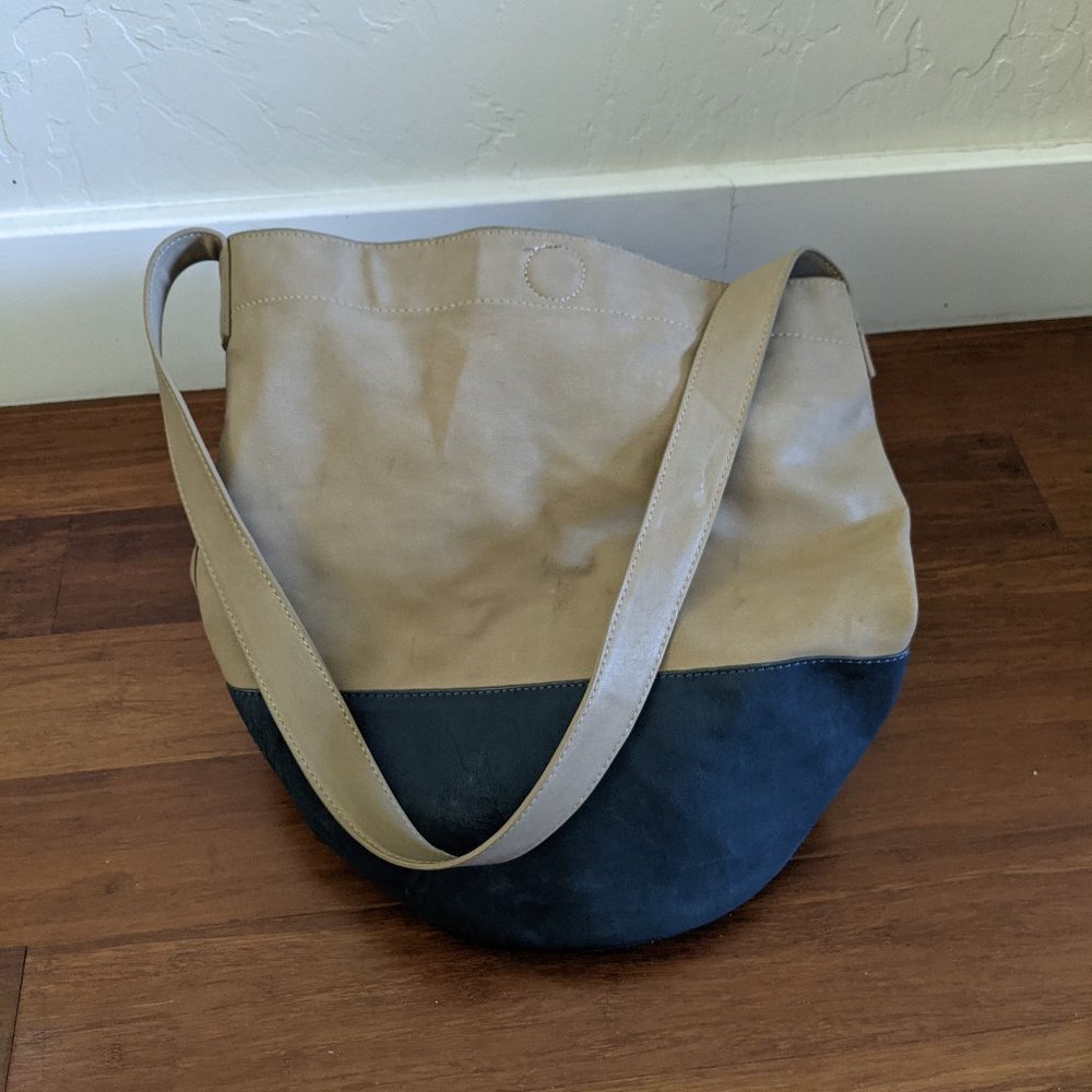 Free People Vegan Hobo Bucket Bag Tan & Blue - Picture 2 of 9